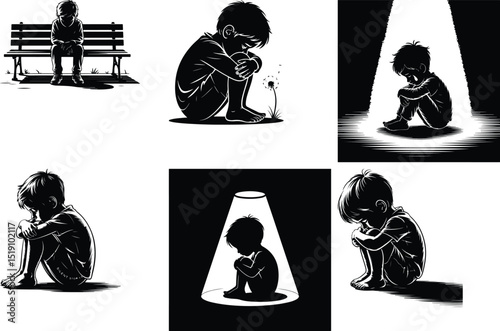 Boy Sitting Alone Silhouette Set – Emotional Sad Pose Collection Sad Boy Silhouette Vector – Lonely Sitting Pose Clipart