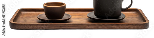 Wooden tray with dark-colored cup and saucer