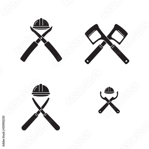 Set of vector silhouettes featuring construction tools and safety helmets for construction industry