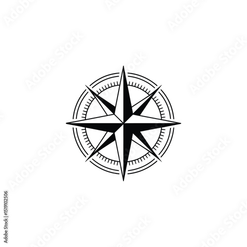 Detailed Black and White Compass Rose Navigation Symbol Illustration Design
