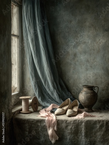 Still life arrangement of vintage shoes and pot rustic room artistic display soft lighting serene atmosphere