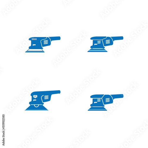 Simple blue silhouettes of four random orbit sander power tools on white background