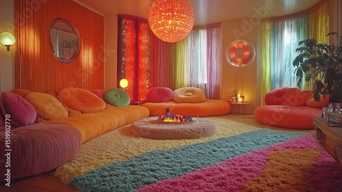 A colorful 1970s living room with a shag carpet, lava lamps, and beaded curtains 