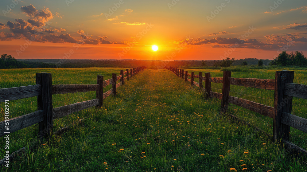 Fototapeta premium Rustic wooden fence stretching through grassy field at golden sunset