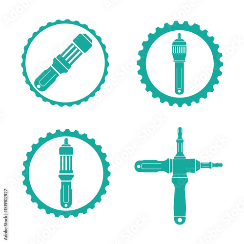 Teal vector illustrations of various bicycle repair tools and equipment for mechanical maintenance