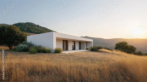 Modern white house on a hilltop with a beautiful landscape in the background. the house is a single-story structure with a flat roof and large windows on the second floor. photo