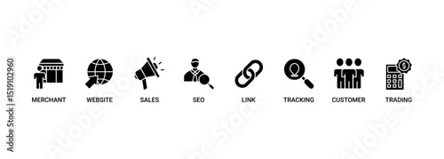 Affiliate marketing web banner icon set symbol vector illustration concept consists of trading, seo, tracking, customer, link, sales, website, merchant icon live stroke