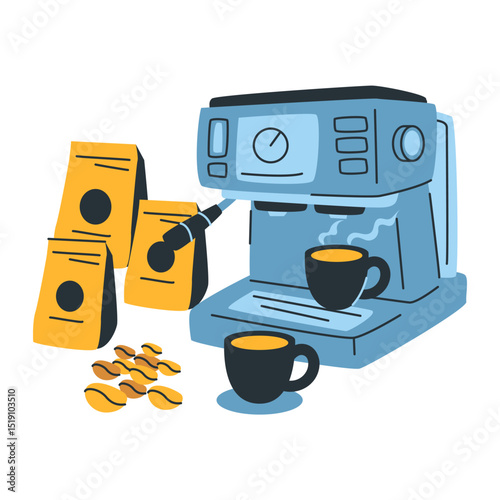 Illustration Of Coffee Machine With Cups And Beans