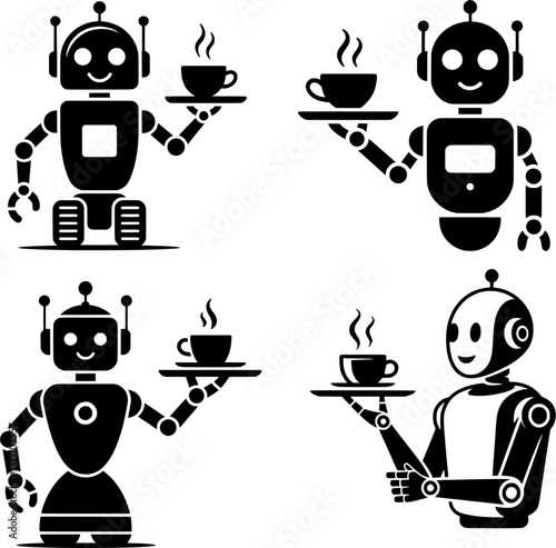 A friendly robot in a bold black silhouette is offering coffee on a tray for hospitality.