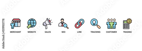 Affiliate marketing web banner icon set symbol vector illustration concept consists of trading, seo, tracking, customer, link, sales, website, merchant icon live stroke