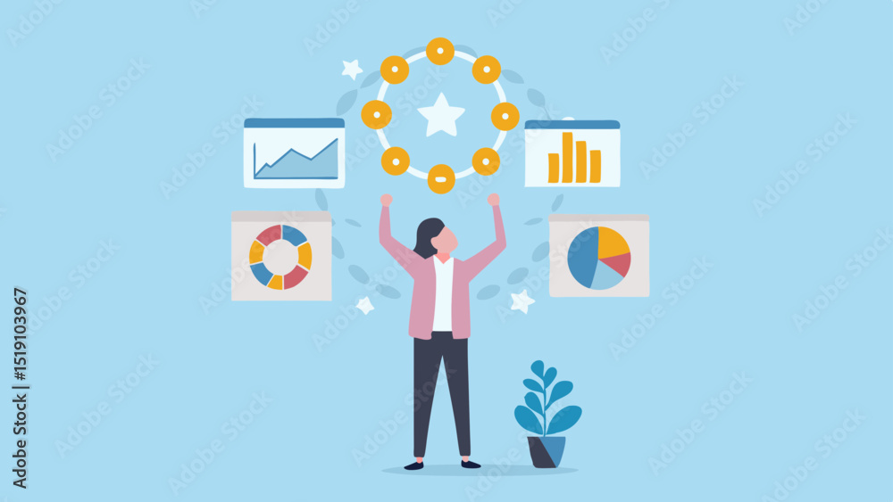 Person celebrating success with data charts and a circular star graphic floating above her head Person celebrating success with data charts and a circular star graphic floating above her head