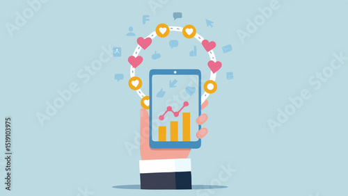 Hand holding phone displaying graph surrounded by hearts and social media icons in light blue background