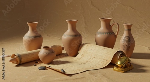 Ancient Egyptian Vessels Scroll and Scarab Symbolizing a Timeless Civilization