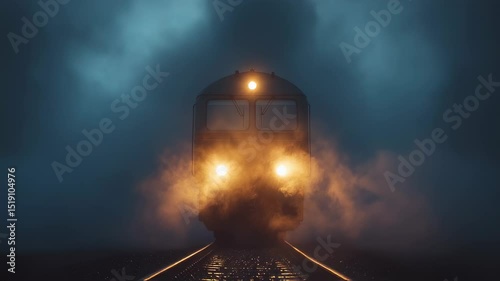 The mysterious locomotive at night, emerging through dense fog ahead photo