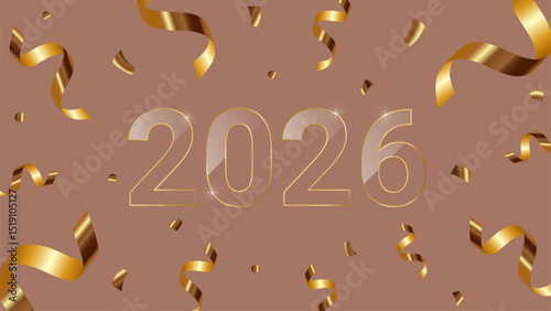 Banner 3d realistic confetti from party poppers, flying gold ribbon, streamers on mocha mousse color background, fireworks for new year celebration with golden glass 2026. Vector EPS10