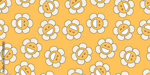 Whimsical flower faces in seamless retro pattern. Cartoon white daisies with smiles on yellow background. Childish, dreamy and cheerful design for any creative purpose