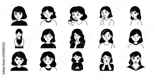 Silhouette Vector of Girl Face Expressions – Pack 01