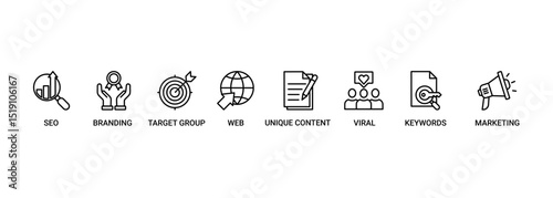 Content is king banner web icon set vector illustration concept with icon of seo, branding, web, target group, unique content, keywords, marketing, viral and ranking icons infographic symbol