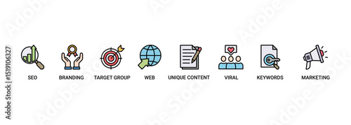 Content is king banner web icon set vector illustration concept with icon of seo, branding, web, target group, unique content, keywords, marketing, viral and ranking icons infographic symbol