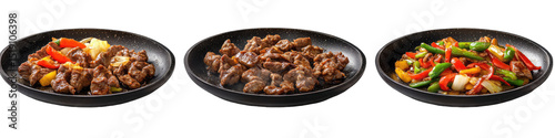 Three dishes of stir-fried beef and peppers