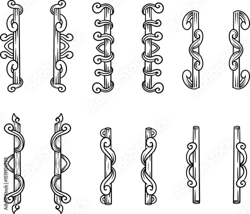 The image shows various kinds of spiral decorative ornament designs.Used for Luxury vintage frame set, retro label collection, royal wedding emblem, invitation card. Vector protected.