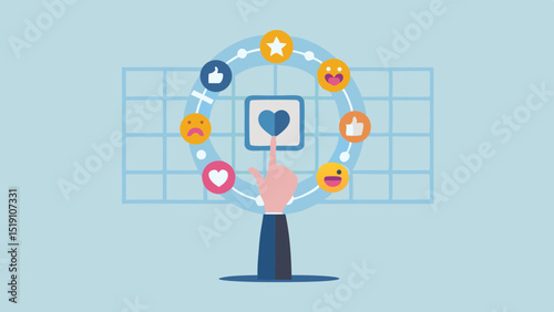 Hand selecting heart icon surrounded by emojis and thumbs up on a grid background design