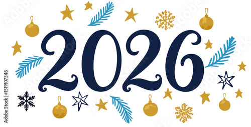 2026 with golden ornaments, snowflakes, stars for New Year and holiday invitations and ads
