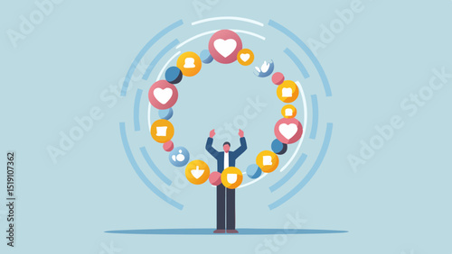 Person standing with arms raised surrounded by social media icons in a circular pattern design