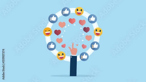 Hand reaching for hearts likes and happy faces arranged in a circle on a light blue background