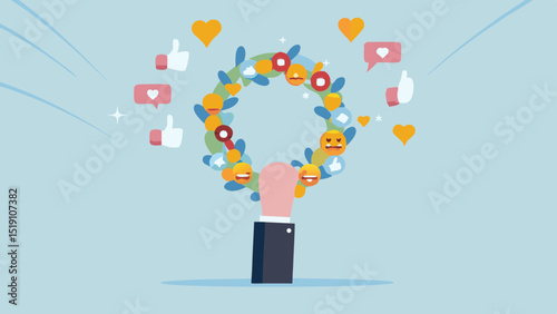 A hand holding a wreath of emojis likes and hearts with light blue background and radiating lines around it