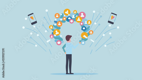 Man standing looking at social media icons connected to phones with light blue background design
