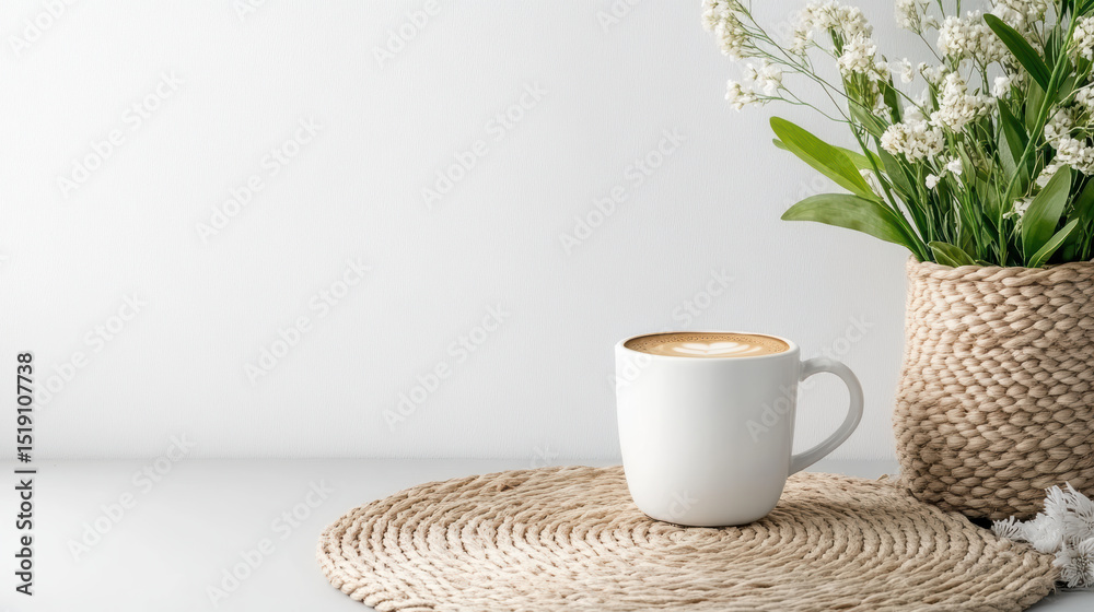 Fototapeta premium Minimal table setting featuring cup of coffee woven mat with flower arrangement, creating serene