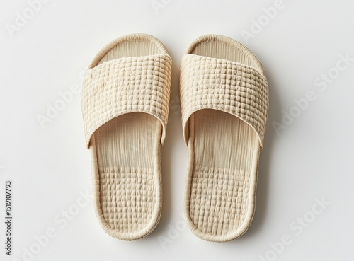 Simple Home Goods Scene with Woven Slippers on White Background, Conveying Home Relaxation, Suitable for Home Goods Advertising and Lifestyle Promotion.