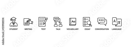 English class banner web icon set vector illustration symbol concept with icon of student, language, talk, writing, vocabulary, essay, conversation, test