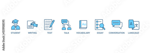 English class banner web icon set vector illustration symbol concept with icon of student, language, talk, writing, vocabulary, essay, conversation, test