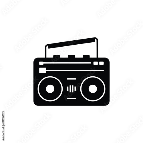 Isolated Black and White Silhouette of Vintage Boombox Stereo Radio Player with Handle and Speakers