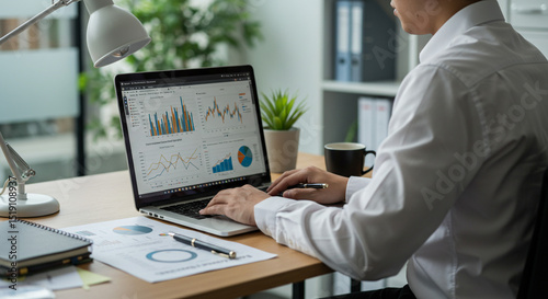 Person working on a laptop with charts and graphs on the screen at a desk with a lamp and coffee mug