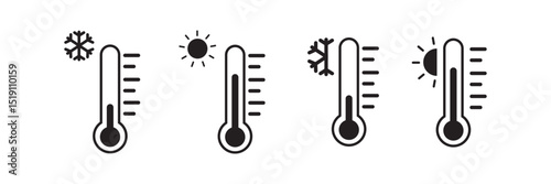 Thermometer icon symbol set. Temperature scale icon symbol. Weather sign. Thermometer icons. Hot and cold air temperature symbol in line and flat style for apps and websites, vector illustration
