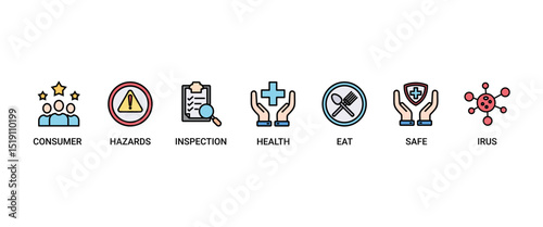 Food safety banner web icon set vector illustration concept with icon of consumer, hazards, inspection, health, eat, virus, safe and certification icons perfect symbol background