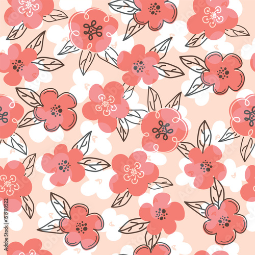 Floral graphic scribble design. Seamless pattern. Set. Abstract minimal flower. Beautiful floral background. Vector art illustration for textile,