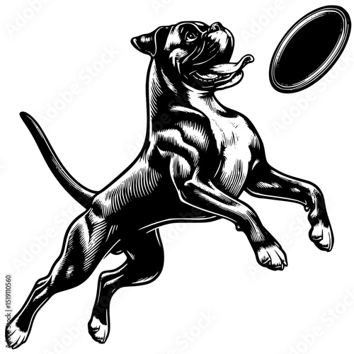 Boxer Dog Jumping with Frisbee Vector Illustration Isolated on White