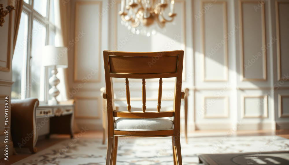 Fototapeta premium Elegant Wooden Chair in a Luxurious Room with Ornate Chandelier - Grand Interior Design