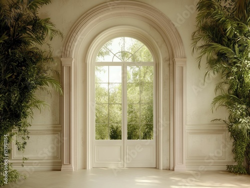 Sunlight streams through an elegant arched window surrounded by lush greenery