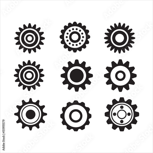 A collection of nine simple gear icons in black and white, Set of Simple Black and White Gear Icons vector art on white