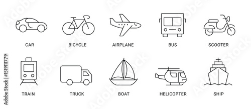 Transportation line icons. Editable stroke. showcasing cars, bikes, planes, and more ready for diverse travel scenarios , stock vector .