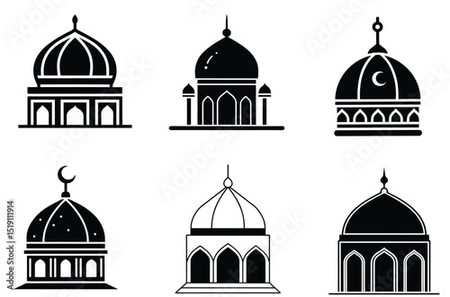 Set of Islamic Dome Icons in Solid Silhouette Style