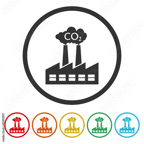 Factory silhouette with chimney polluting CO2 cloud icon. Set icons in color circle buttons