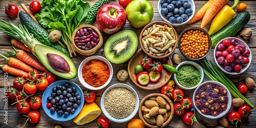 Overhead shot shows a variety of fresh fruits vegetables nuts and grains arranged on a rustic wooden table