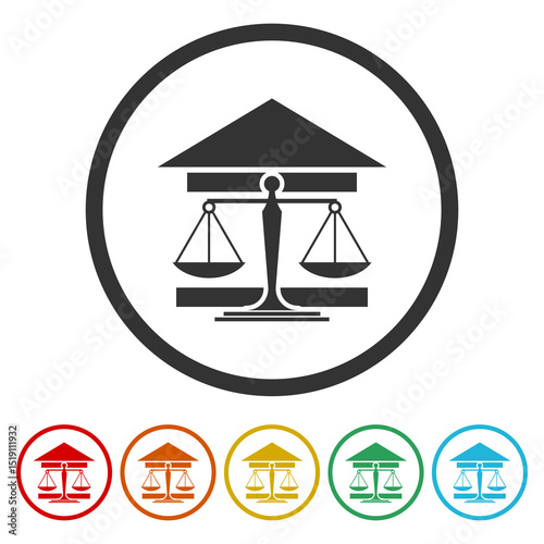Law, scales, justice, balance icon. Set icons in color circle buttons