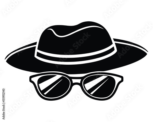 Mysterious Fedora Hat and Sunglasses in Black Silhouette Style on White Background silhouette